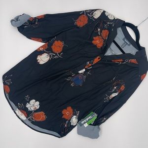 Navy floral button up top